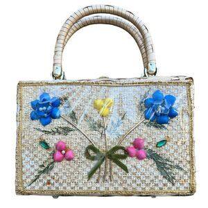 Vintage Vinyl Covered Straw Box Style Handbag Floral Flowers Cigar Box 50s-60s
